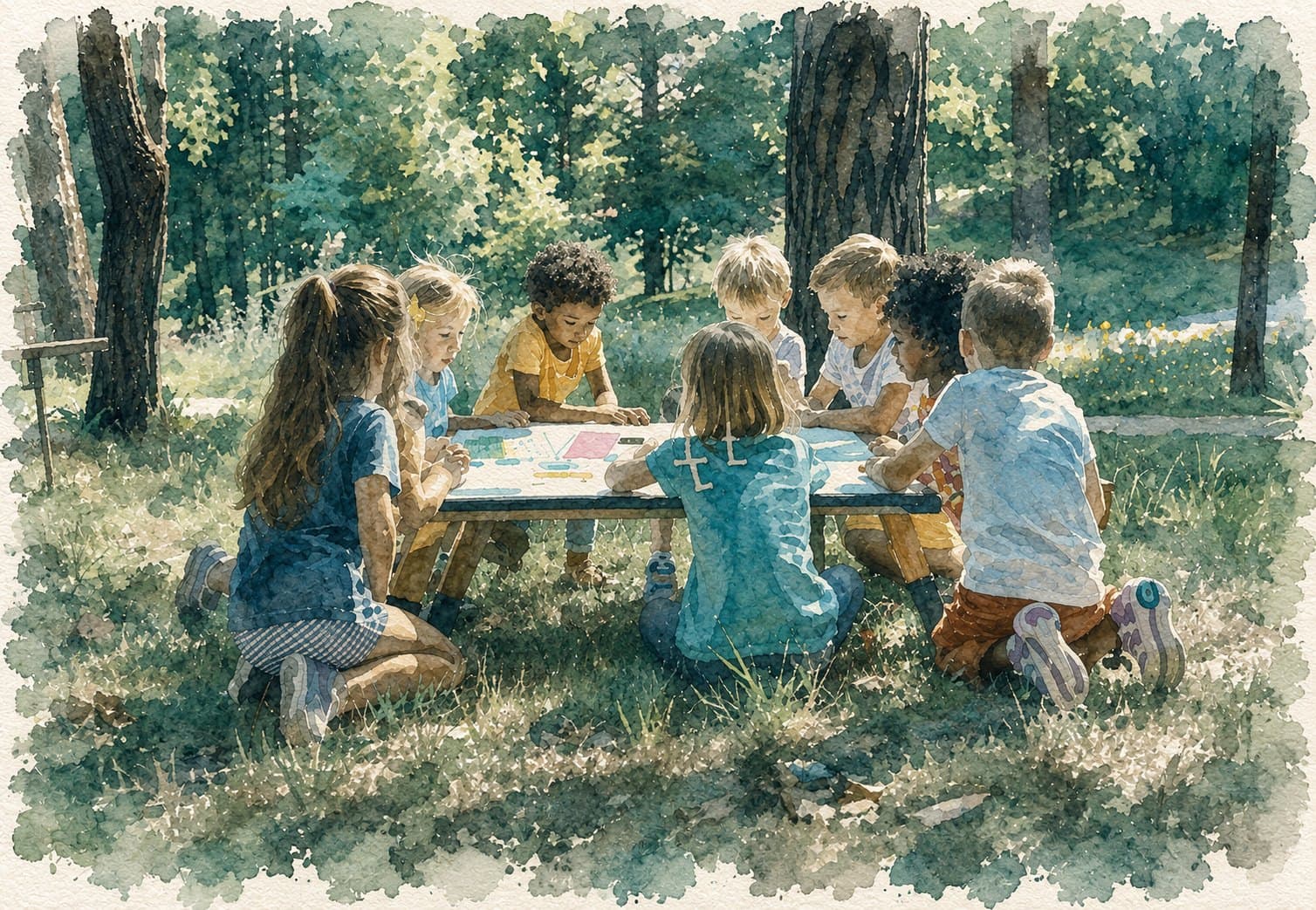 A watercolor illustration of a group of children gathered around an outdoor table, drawing and exploring together in dappled light